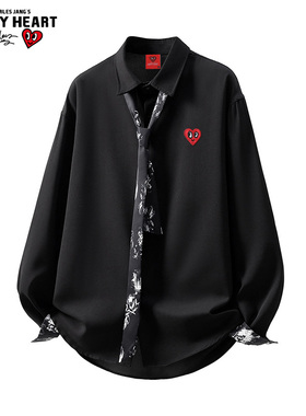 查尔斯桃心高级感dk领带长袖衬衫男春秋季学院风新款宽松衬衣外套