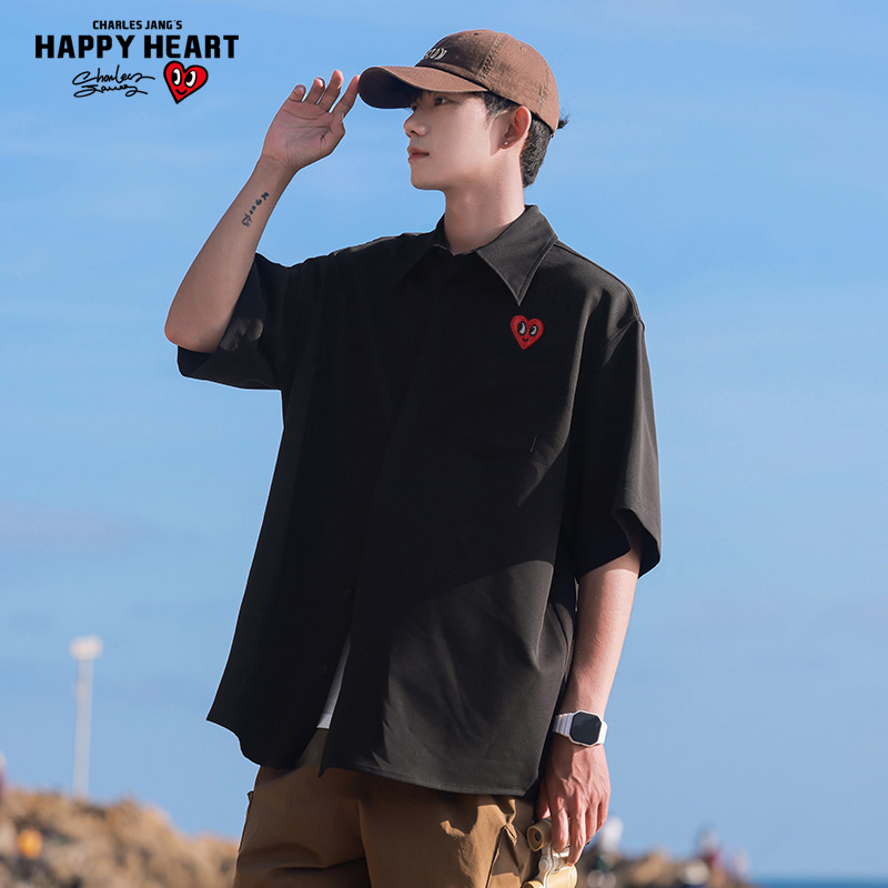 查尔斯桃心爱心纯色短袖衬衫男