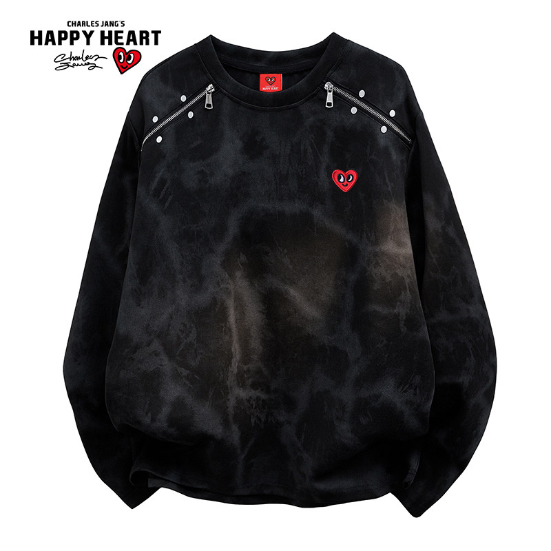 查尔斯桃心时尚潮流扎染做旧拉链铆钉新款内搭外穿圆领长袖T恤男,男装,T恤,淘宝优惠券,粉丝福利购,淘宝优惠卷