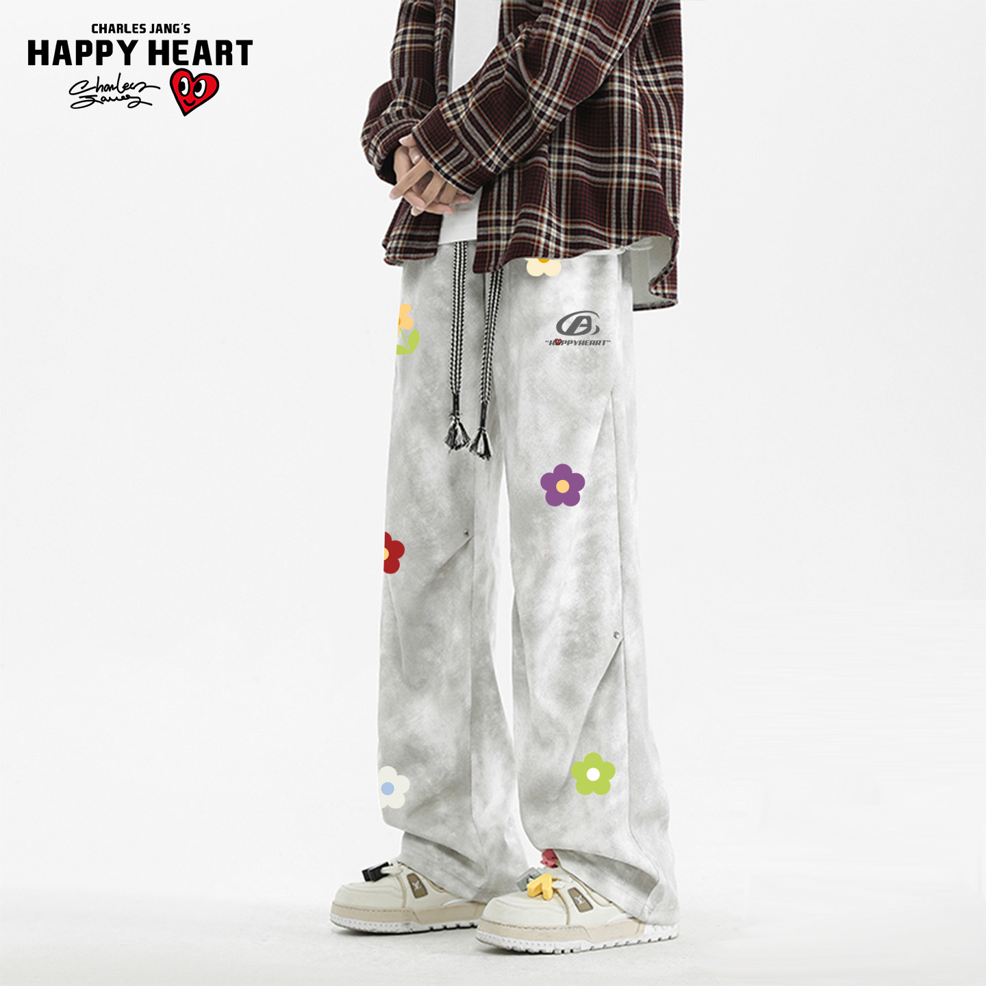 查尔斯桃心美式花卉印花扎染休闲裤男女春秋季情侣休闲运动长裤子