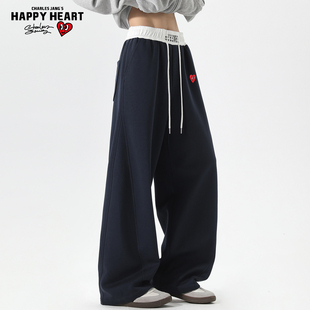 潮牌宽松直筒休闲长裤 美式 子 男女冬季 查尔斯桃心加绒加厚弯刀卫裤