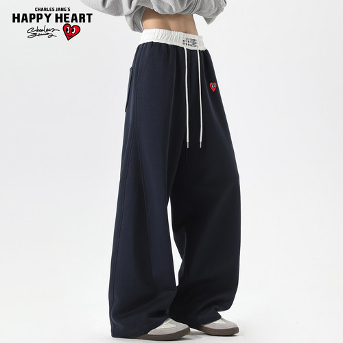 查尔斯桃心加绒加厚弯刀卫裤男女冬季美式潮牌宽松直筒休闲长裤子