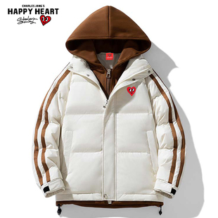 查尔斯桃心 加厚保暖防寒外套 90绒假两件条纹连帽羽绒服男女冬季