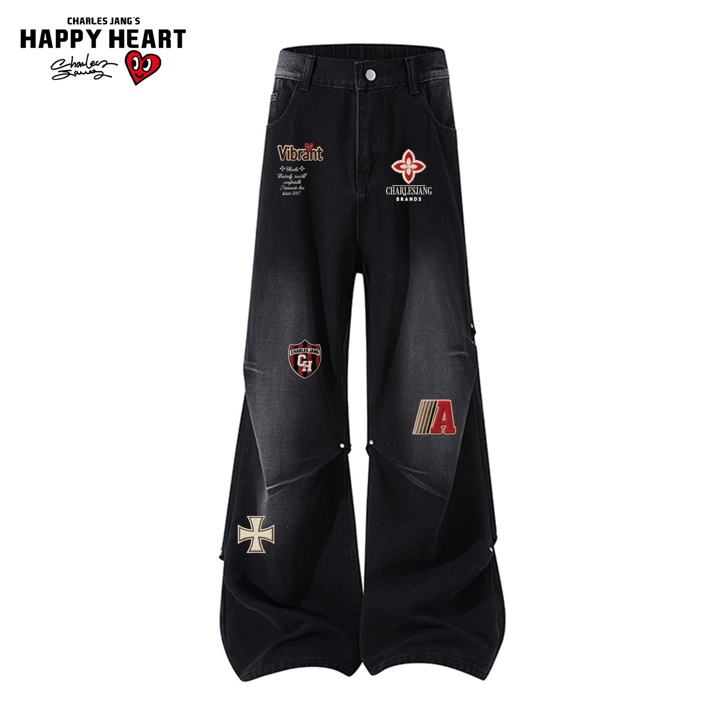 查尔斯桃心 美式高街褶皱牛仔裤男女款春秋季情侣休闲阔腿直筒裤