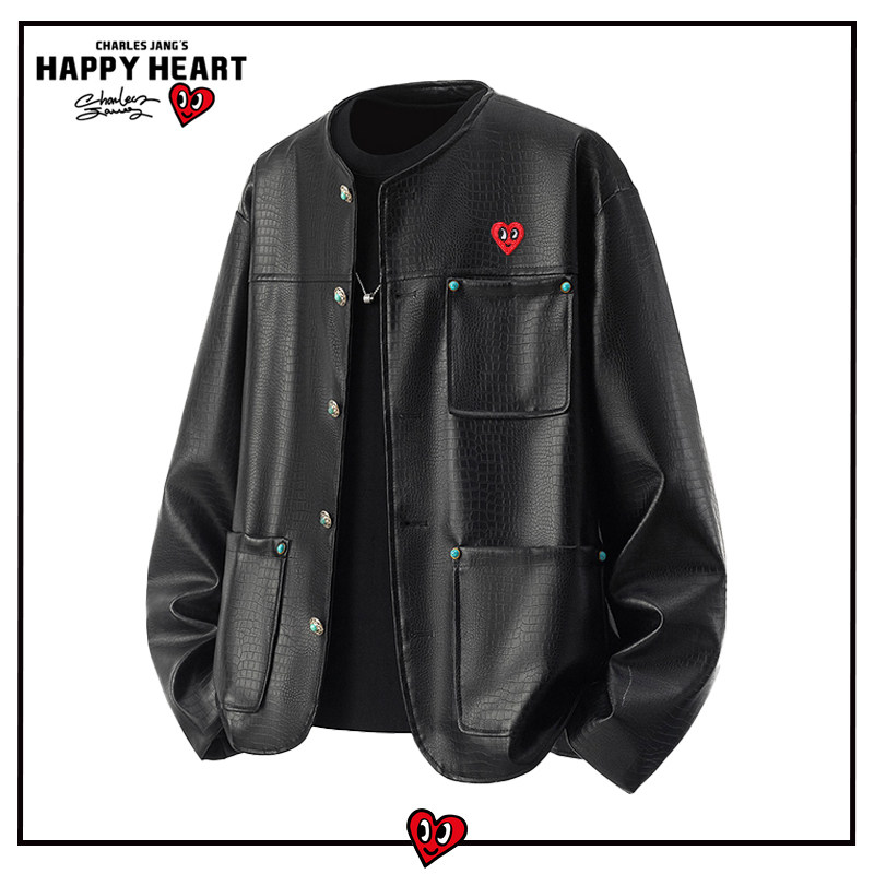 查尔斯桃心高级感松石绿多口袋蛇纹皮夹克外套男宽松休闲情侣上衣