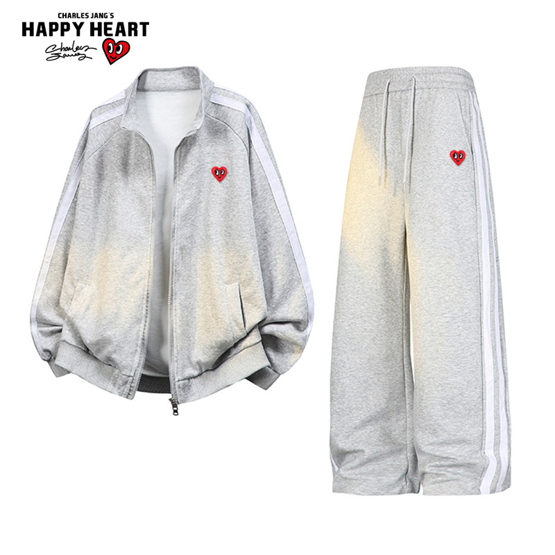 查尔斯桃心休闲运动条纹套装男女春秋季百搭开衫卫衣直筒宽松卫裤