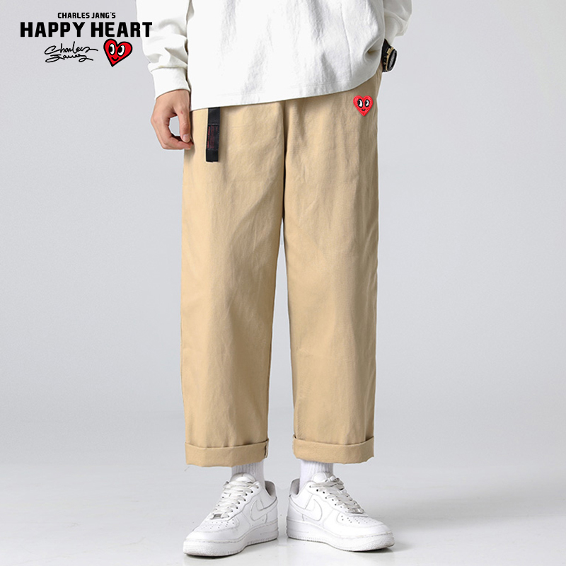 查尔斯桃心 美式运动裤男2026年春季休闲直筒纯棉刺绣男士长裤