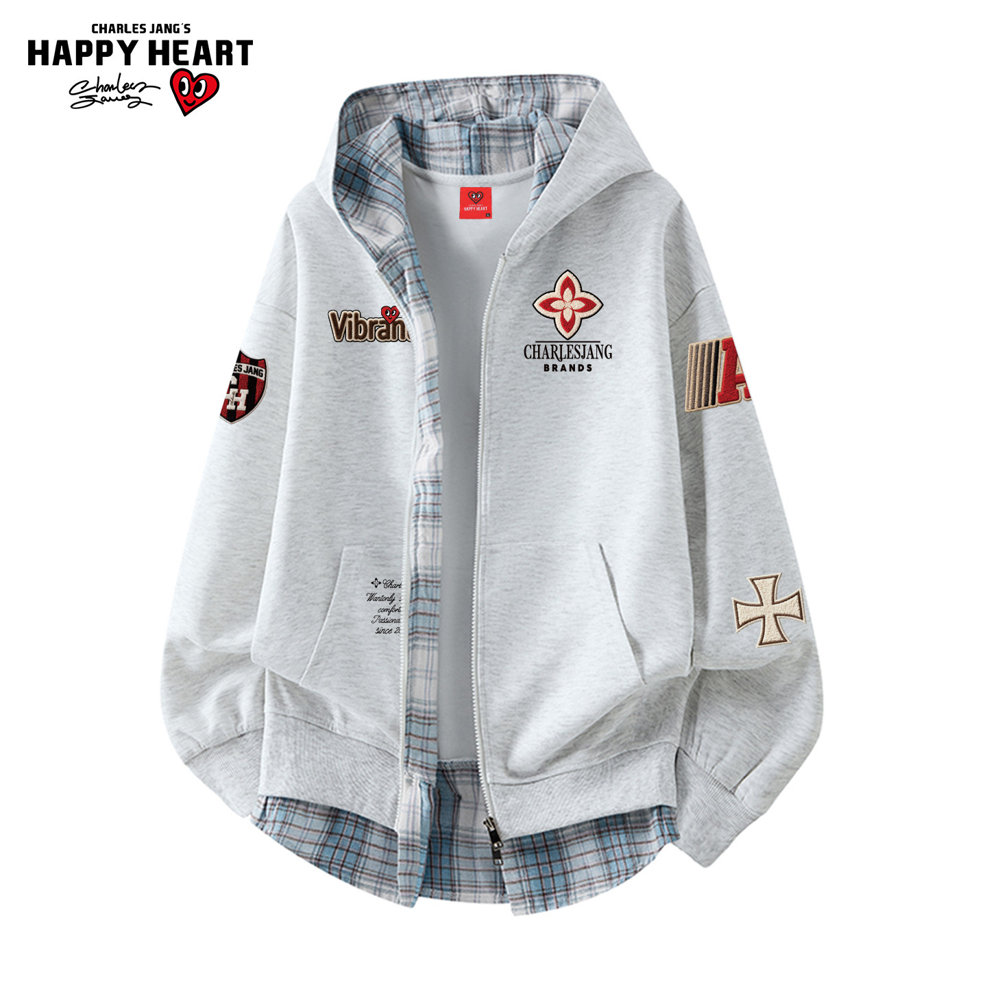 查尔斯桃心美式印花假两件连帽开衫卫衣男女春秋季学院风高街外套