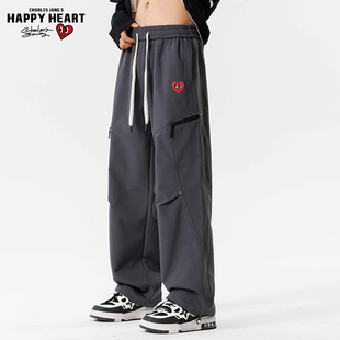查尔斯桃心美式工装伞兵裤男女春秋冬季加绒加厚褶皱直筒冲锋长裤