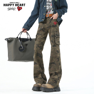 查尔斯桃心 迷彩弯刀微喇牛仔裤男美式高街复古宽松直筒工装长裤