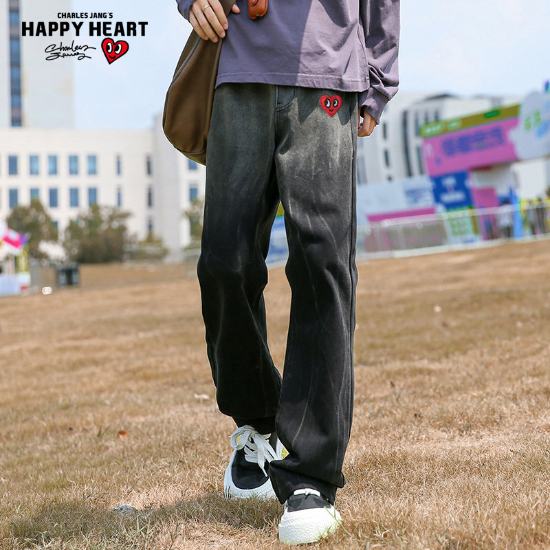 查尔斯桃心 牛仔裤男款美式复古垂感直筒水墨扎染微喇弯刀长裤子