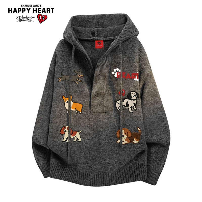 查尔斯桃心 宠物狗印花半开深V领毛衣男女秋冬季连帽套头情侣外套,男装,针织衫/毛衣,淘宝优惠券,粉丝福利购,淘宝优惠卷