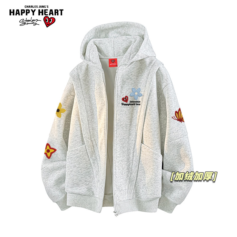 查尔斯桃心蝴蝶花卉印花加绒加厚休闲连帽卫衣男女冬季新款外套潮