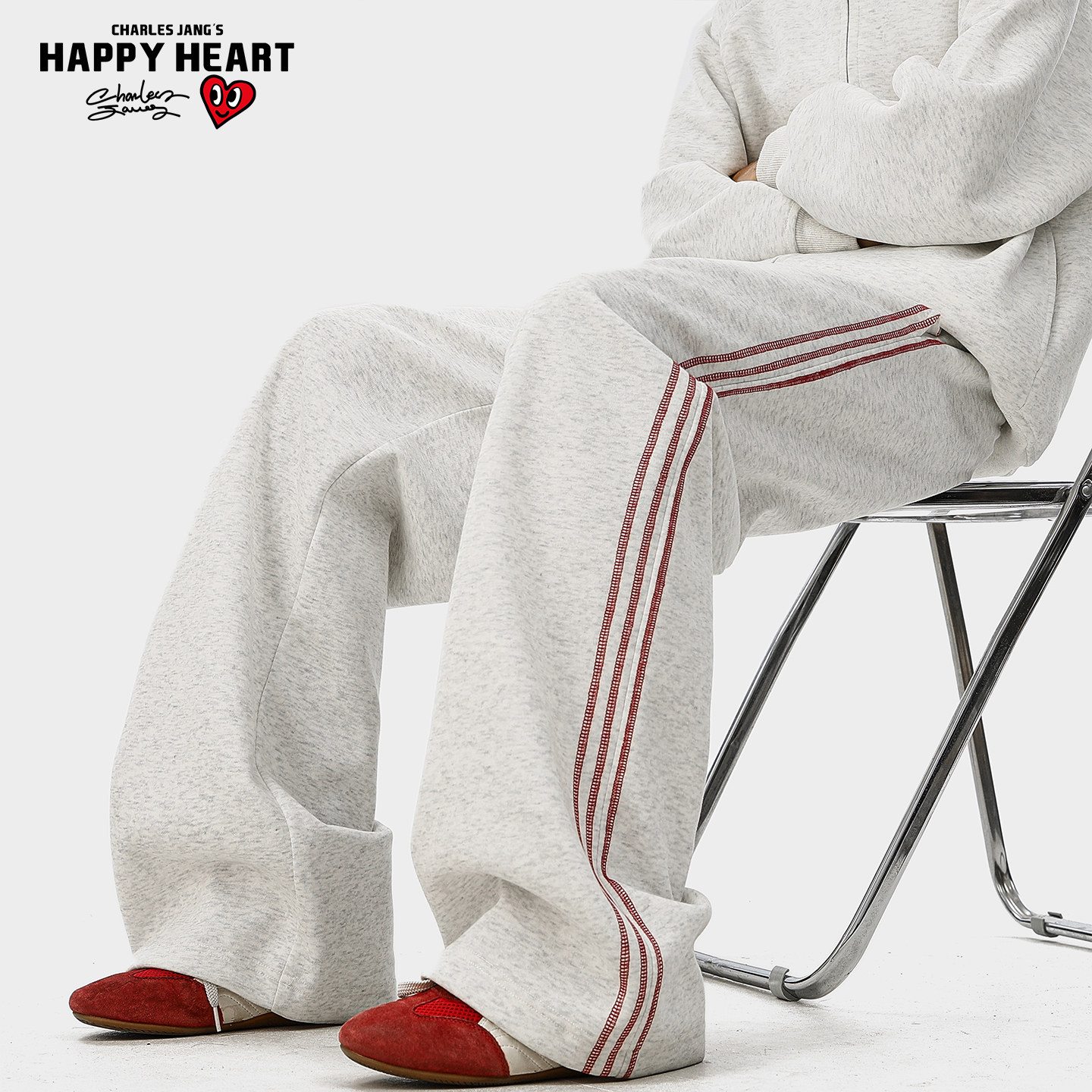 查尔斯桃心美式三条杠撞色运动卫裤男女秋季直筒宽松阔腿休闲长裤