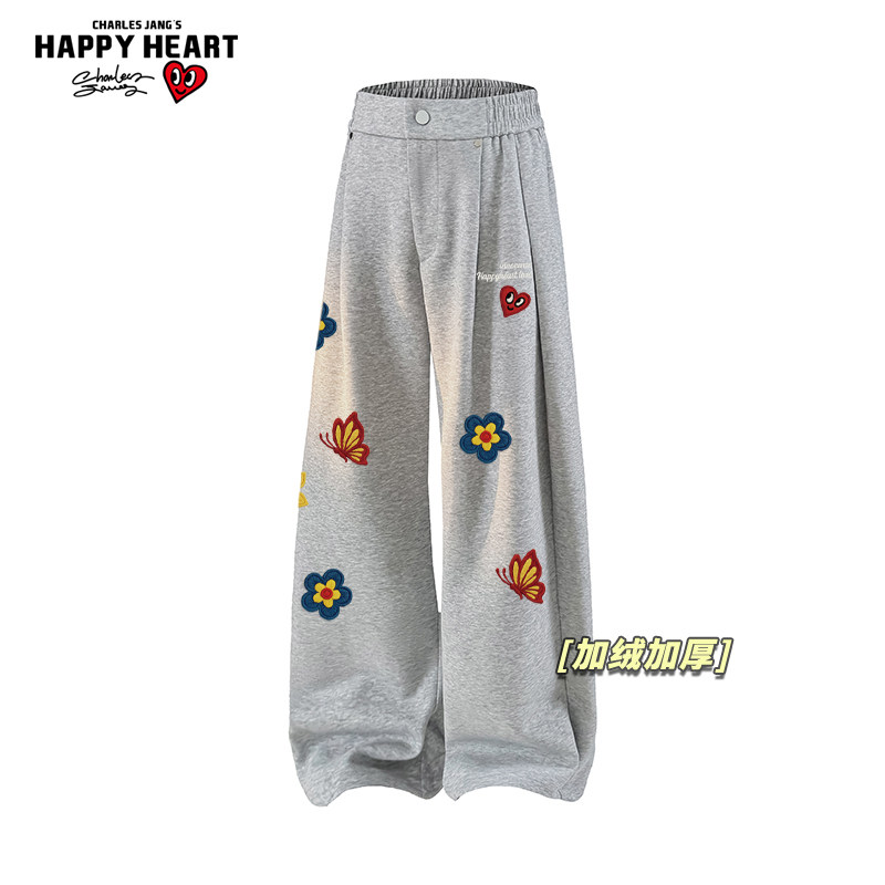 查尔斯桃心花卉印花直筒长裤男女冬季休闲宽松加绒加厚百搭裤子潮