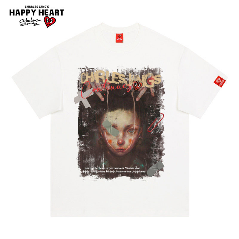 查尔斯桃心 美式油画风短袖T恤男女夏季纯棉2026年新款宽松情侣