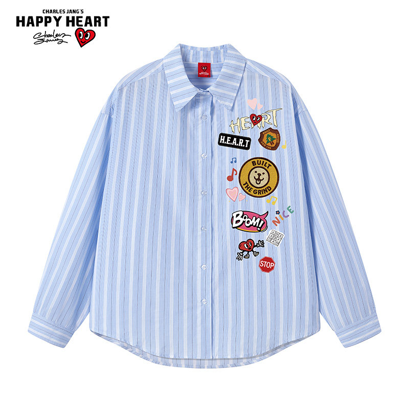 查尔斯桃心 纯棉美式条纹胸章印花翻领长袖衬衫男女春秋季外套