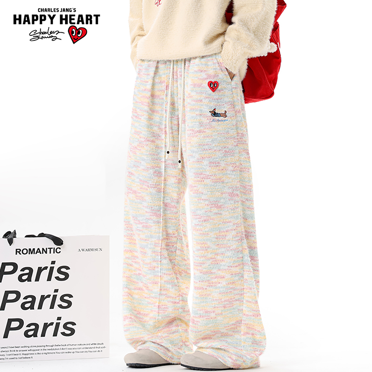 查尔斯桃心腊肠狗刺绣加绒糯米裤男女秋冬季宽松加厚阔腿休闲长裤