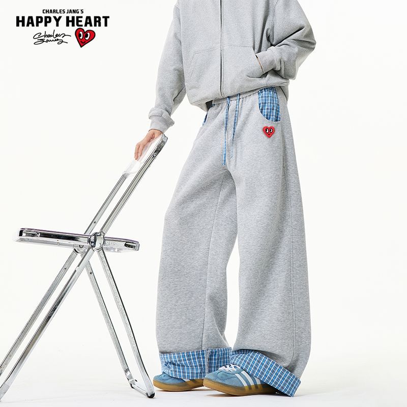 查尔斯桃心美式拼接格子运动卫裤男女2025新