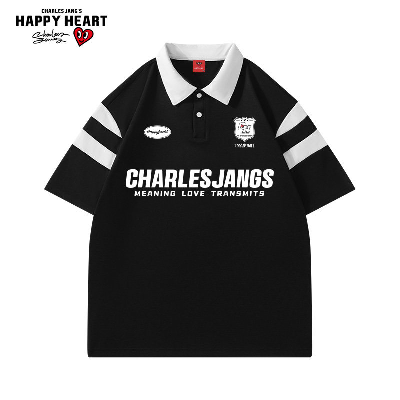 查尔斯桃心 美式撞色polo衫短袖t恤男2026年夏季宽松休闲字母印花