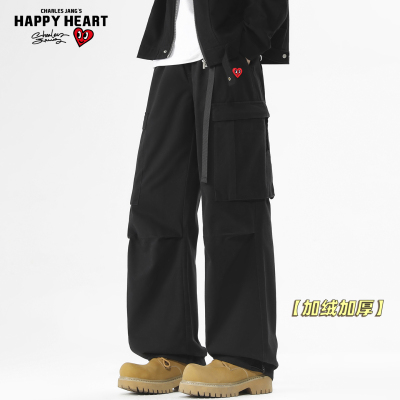 查尔斯桃心加绒工装裤男款秋冬季加厚纯棉美式直筒登山休闲长裤子