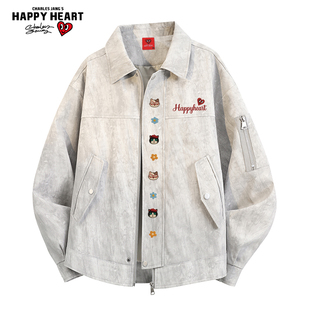 查尔斯桃心 美式高街扎染翻领夹克男春秋季宽松情侣百搭休闲外套