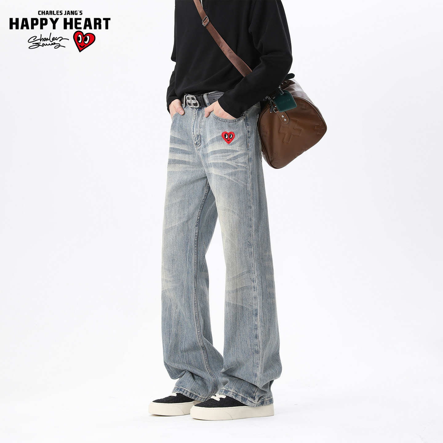 查尔斯桃心美式水洗牛仔裤男春秋冬季宽松直筒阔腿复古休闲长裤子