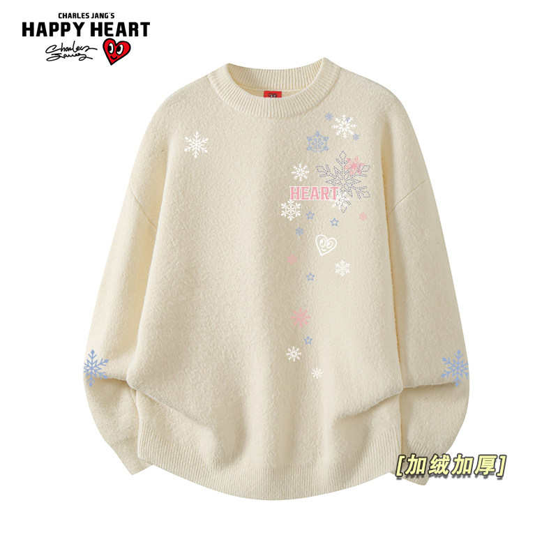 查尔斯桃心雪花印花套头毛衣男女冬季宽松休闲百搭加绒加厚针织衫