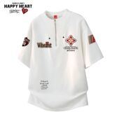 查尔斯桃心 上衣 T恤男女宽松半袖 美式 徽章解构半拉链圆领透气短袖