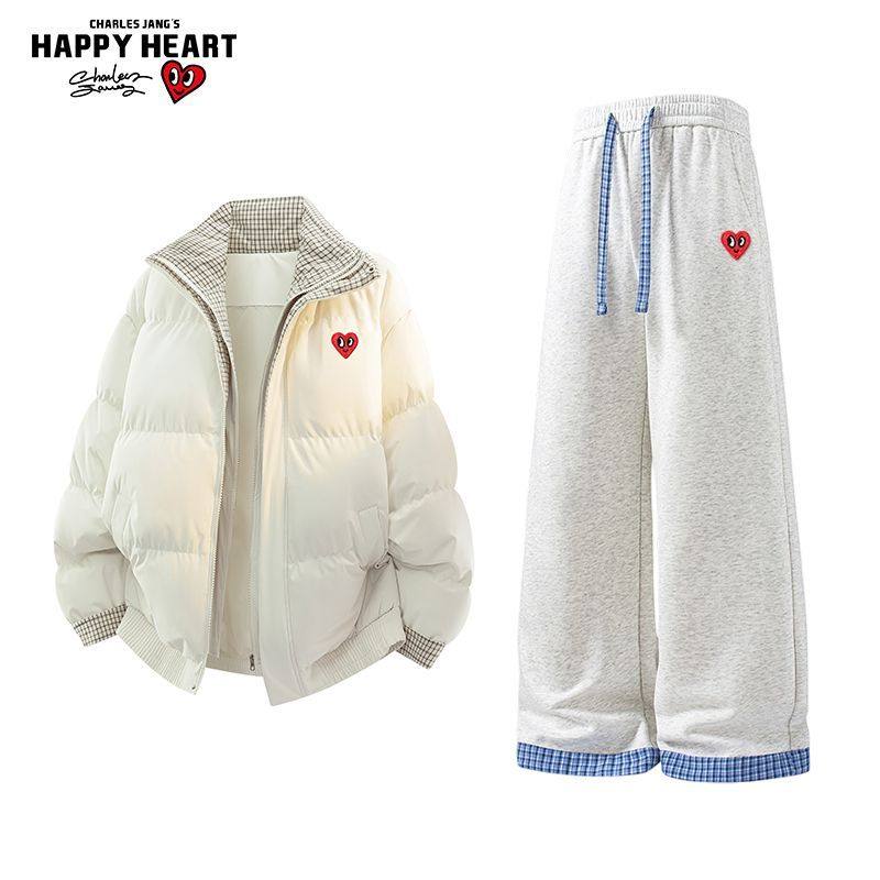 查尔斯桃心休闲格子套装男女冬季两件立领棉服宽松卫裤裤子两件套,男装,时尚套装,淘宝优惠券,粉丝福利购,淘宝优惠卷