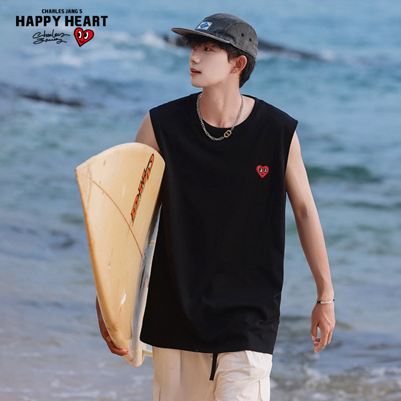 查尔斯桃心美式纯棉户外运动凉感背心男夏季无袖跑步篮球圆领坎肩