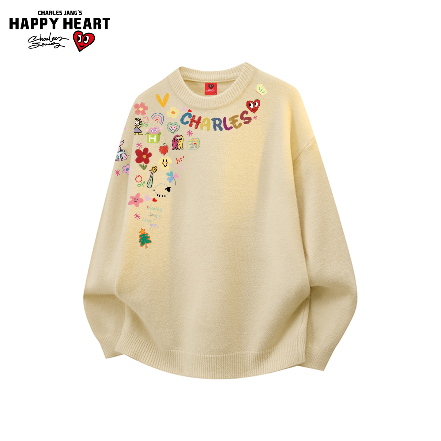 查尔斯桃心卡通涂鸦绵羊绒毛衣
