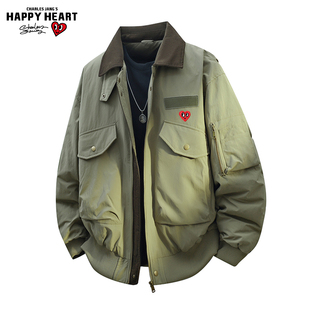 查尔斯桃心美式90鸭绒工装翻领羽绒服男女冬季保暖飞行员夹克外套