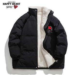 查尔斯桃心 小红花印花羊羔绒棉服男2025年加厚棉衣保暖情侣外套