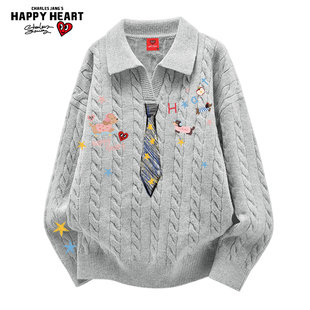 查尔斯桃心涂鸦领带衬衫领针织毛衣男春秋季情侣宽松休闲翻领上衣