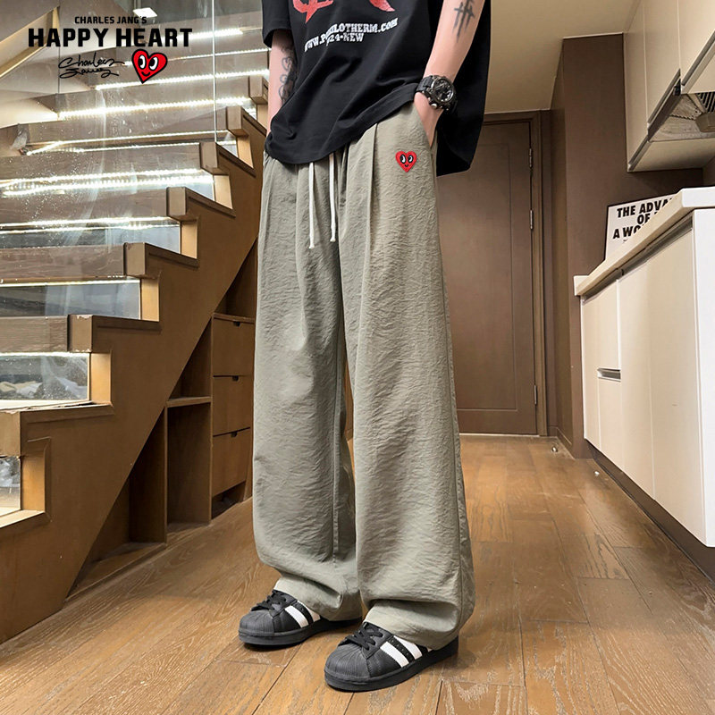 查尔斯桃心 纯色冰丝裤子男款夏季宽松阔腿垂感新款百搭休闲长裤