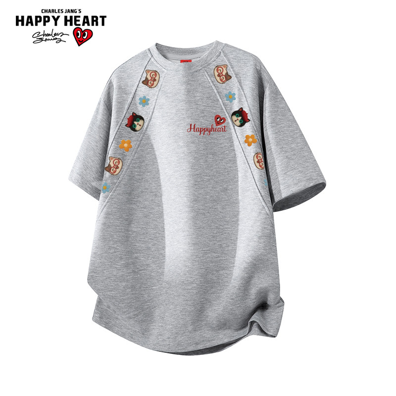 查尔斯桃心小猫印花美式解构短袖T恤男女夏季2026新款休闲上衣服