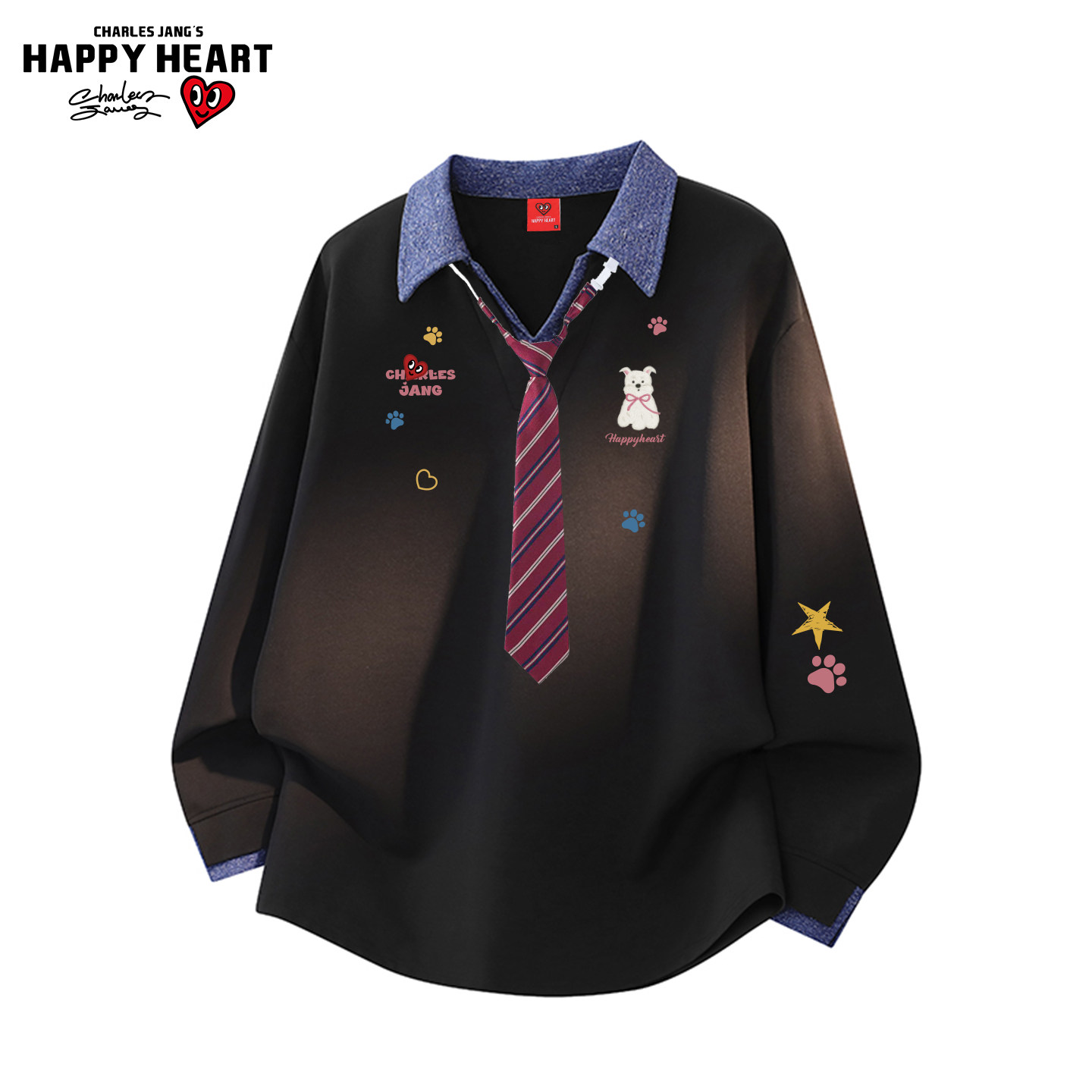 查尔斯桃心小狗涂鸦衬衫领长袖卫衣男女款秋冬季加绒加厚休闲上衣