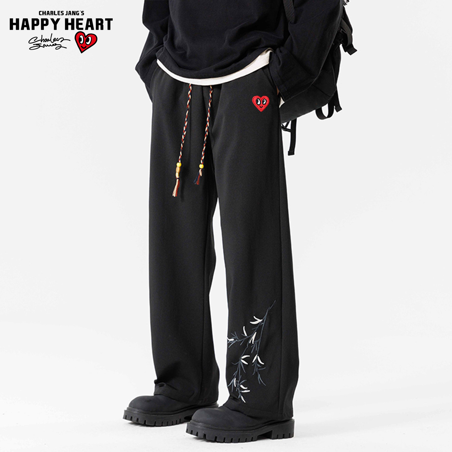 查尔斯桃心 新中式国风竹子刺绣休闲裤男女秋冬加绒加厚运动长裤