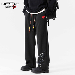 查尔斯桃心 新中式国风竹子刺绣休闲裤男女春秋冬季加绒运动长裤