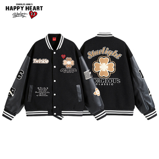 查尔斯桃心 美式校园风夹克男爱心刺绣拼接字母四叶草潮流外套