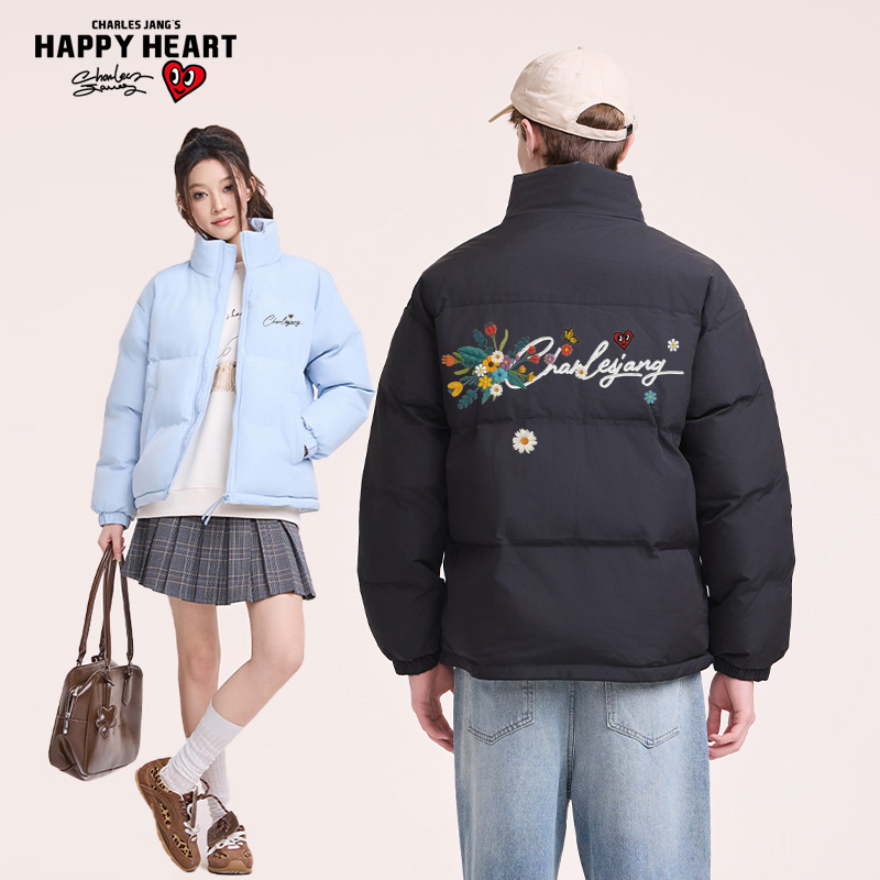 查尔斯桃心花卉字母印花棉服男