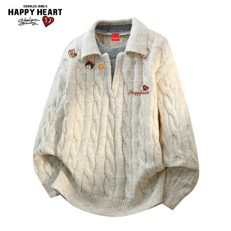 查尔斯桃心 小猫印花亨利领毛衣男女翻领慵懒冬季打底针织衫上衣
