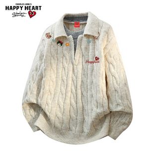 查尔斯桃心 小猫印花亨利领毛衣男女翻领慵懒冬季打底针织衫上衣