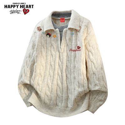 查尔斯桃心小猫印花亨利领毛衣男