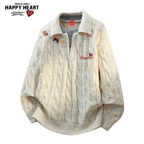 查尔斯桃心小猫印花亨利领毛衣男