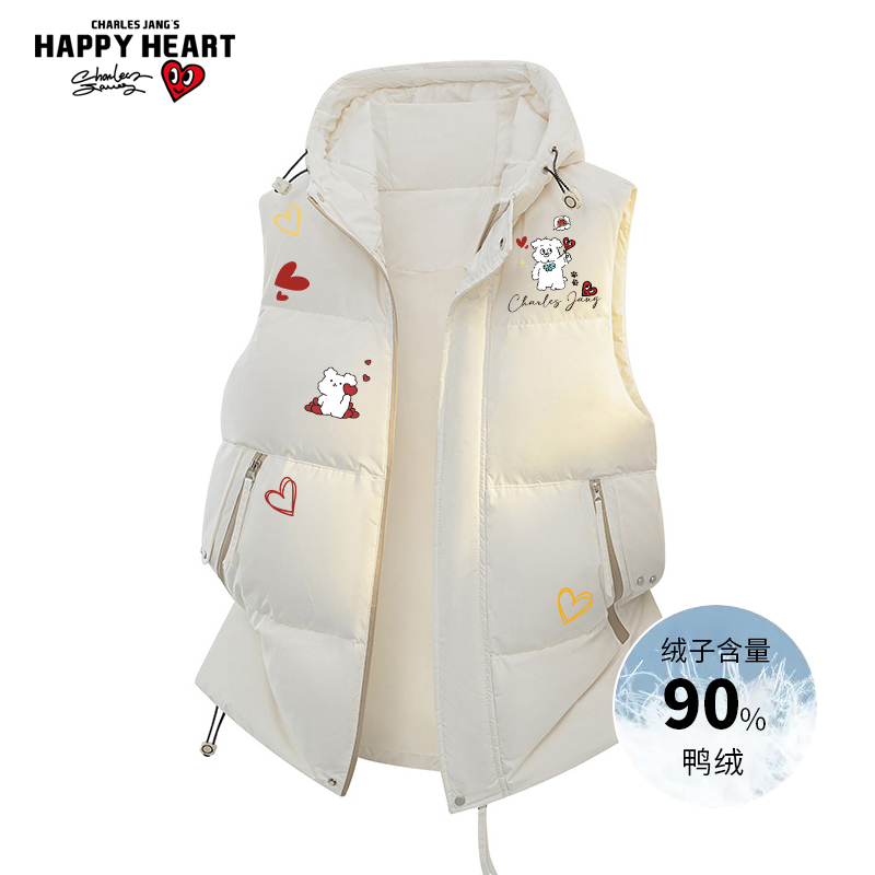 查尔斯桃心 90鸭绒羽绒马甲男冬季童趣印花加厚保暖坎肩情侣外套