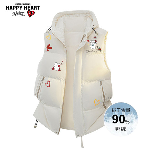 查尔斯桃心 90鸭绒羽绒马甲男冬季童趣印花加厚保暖坎肩情侣外套