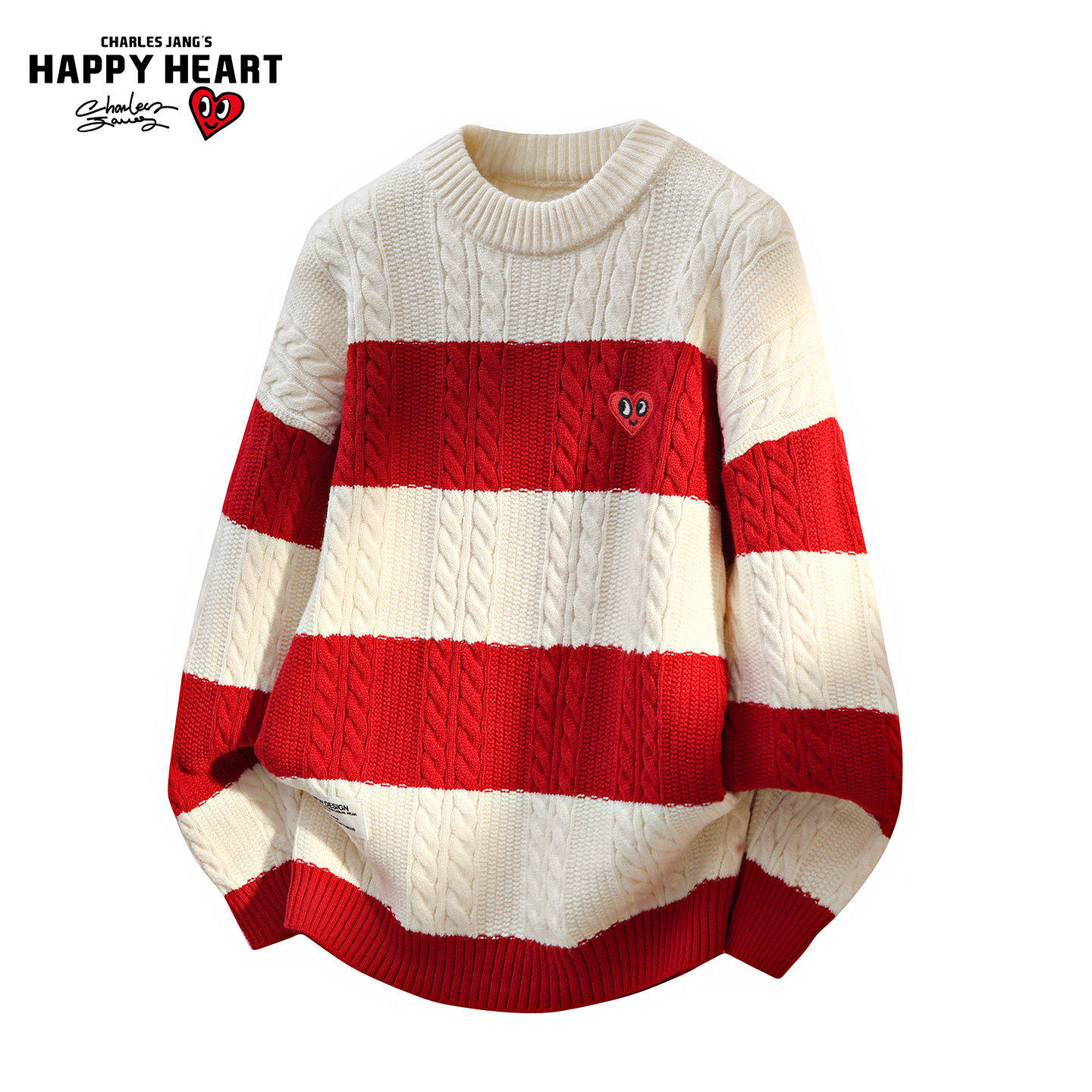 查尔斯桃心圣诞红色马年麻花纹毛衣男圆领冬季新款慵懒情侣针织衫