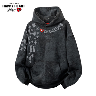 查尔斯桃心新款满天星连帽卫衣男秋冬季字母印花撞色拼接情侣上衣